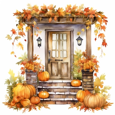 vector watercolor cute Fall Autumn vintage Autumn porch with fall autumn flowers decor clipart on white background, fall, vintage holiday autumn porch, red gold and orange color scheme, photorealistic, ultrarealistic, no background, on whi