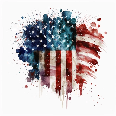 watercolor american flag fireworks country clipart, white background, no text