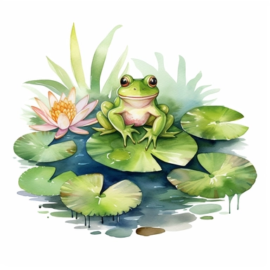 Watercolor Lily Pond Clipart - springtime cute lily pad and frog pond , white background, no text