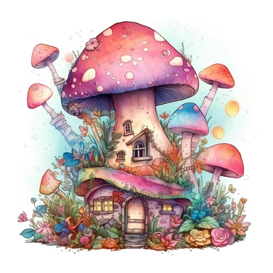 create an illustration featuring magical light pink mushroom house clipart, small flowers, vibrant colors, rainbow colors, magical, whimsical, fairytale, against a white background, harlequin cyberpunk detailed