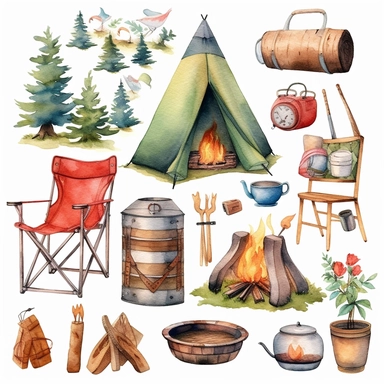 Watercolor summer camping Clipart , camping, tent, fire