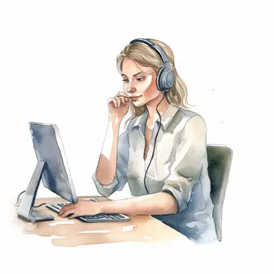 ecommerce watercolor clipart. Customer service agent sitting at desk.hd. on white background space out.--ar 3:2