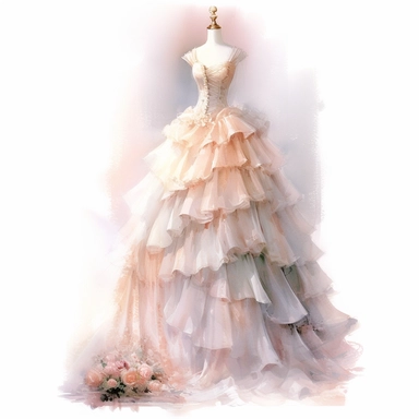 A victorian dress with a fitted bodice high neckline and cascading layers of ruffled lace on tailor dummy clipart, in style of Willem Haenraets, soft pastel colors, in the style of realistic watercolors, feminine sensibilities, realistic depictions of human form, detailed illustrations, made of all of the above, clean background, white background, on a white background, transparent background