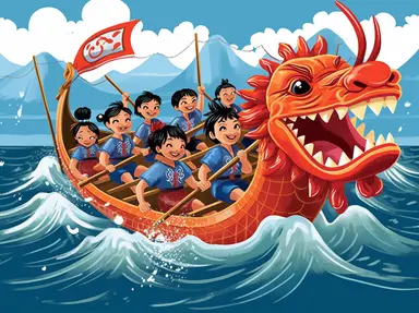 new year dragon boat traditional clip art, in the style of narrative-driven visual storytelling, quito school, illustrated advertisements, creative commons attribution, digitally enhanced, storybook illustration, 2d game art