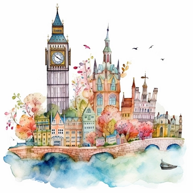 Very very cute and Whimsical quirky houses, London, Big Ben, Thanes River, spring time, Watercolored illustration in the style of Michael Powell, clipart, white background