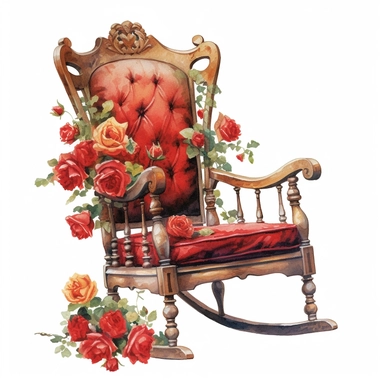 A weathered Victorian rocking chair, its worn wood and faded upholstery telling tales of cherished moments. An abundance of vibrant red roses adorns the chair, adding a touch of natural beauty and romance. White background, clipart, watercolor, intricate detail.