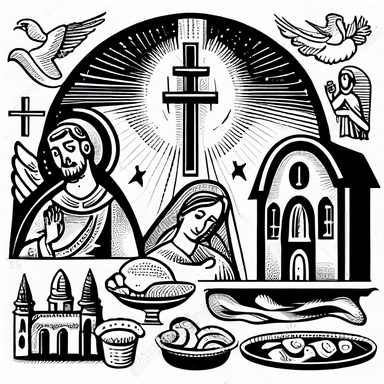 A black and white vector drawing of a variety of protestant christian objects including Angels, Stars, Rainbow symbols, Hands holding a heart, Fish and loaves, Crossed keys, Doves descending, Stained glass windows, The Last Supper, Nativity scenes, a detailed drawing inspired by Josef Navrátil, Anno Domini, black and white vector art, clipart, highly detailed vector art, coherent, white background