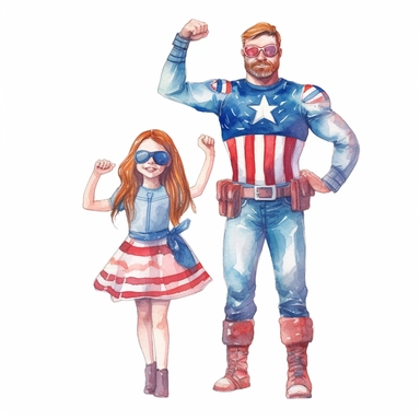 dad and daughter dressed in Captain America costumes hand-painted watercolor clipart set on white background in the style of Katie Daisy