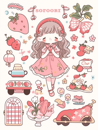 a sticker clipart drawing of a girl with a strawberry and, in the style of booru, dreamlike motifs, group material, outdoor scenes, sleepycore, collecting and modes of display, light pink and red
