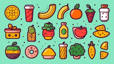foods vector clipart vector foods cute animal collection, in the style of #screenshotsaturday, flat areas of color, flat color blocks, 1970–present, rough-edged 2d animation, lightbox, colorful animation stills