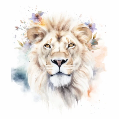 watercolor clipart of roaring white majestic lion, cosmos in background, on white background