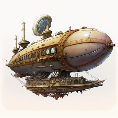 Envision a massive, steampunk style streamlined airship with a steam-powered engine and intricate gear-driven controls. It travels silently through the air with the help of its large propellers. Watercolor style in high resolution with white background. 4k clipart