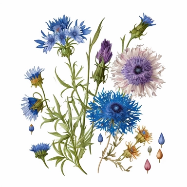 An enchanting arrangement of cornflowers depicted in a clipart style, set against a pristine white background. The vibrant blue hues of the cornflowers stand out, capturing the eye and evoking a sense of natural beauty. Each delicate petal and intricate detail is carefully illustrated, bringing the flowers to life in the clipart composition. The clipart style showcases the charm and simplicity of cornflowers, with clean lines and bold colors that accentuate their elegance. The white background p