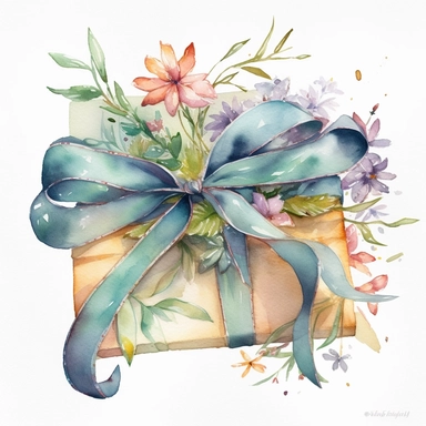 a watercolor illustration of a gift wrapped with floral paper ,it has a beautiful silk ribbon bow, Beatrice potter illustration,32k,hand painted details, amazing pastel colours,aquarellist,hd,white background,clipart