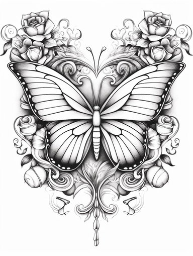 Coloring book, white background, clip art, line work. Heart and butterfly wings