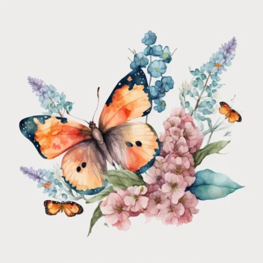 beautiful butterfly with flowers watercolor clipart illustration, transparent background