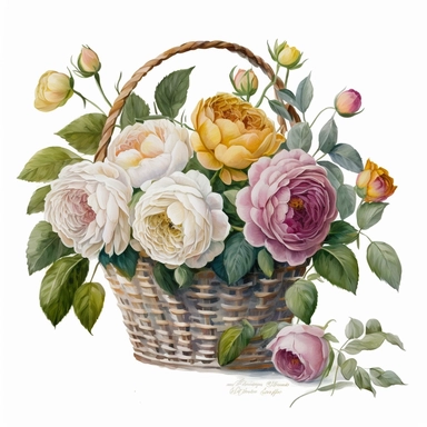 realistic hand painted watercolor of a basket of david austin english roses, clean white background, clipart