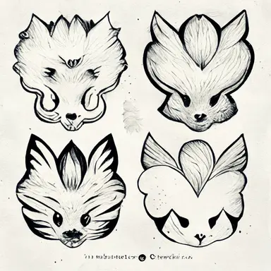 Pokémon style animal, tattoo flash sheet, separate images, black and white, sticker, line art, clipart, white border