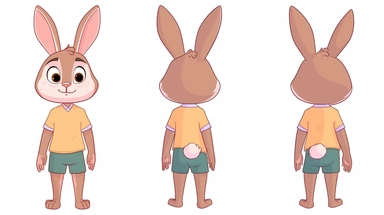 clipart,A cute little rabbit wearing a bright shirt and shorts+three Kans, with three perspectives on the front, side, and back, in different poses. The little rabbit has a small and cute body, with furry white fur and a pair of long ears. Its bright black eyes exude a clever and curious expression. A mischievous expression, he often wears bright shirts and shorts, full of vitality.clipart style, full body with both feet, painting, illustration, style, beautiful cartoon style, three images