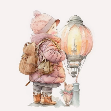 watercolor, very cute little child in a pastel pink coat with lots of pockets, cowboy hat, baby orange trousers, holding a toy, with a backpack, on a vintage victorian hot air baloon, sorounded by birds, and some big lanterns behind, clipart, white background