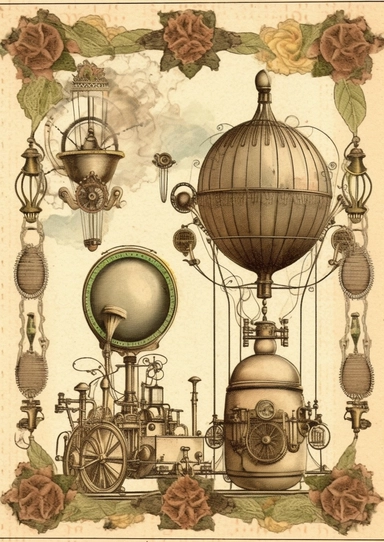 Blank ephemera paper page with ornate border illustrations vintage steampunk era elements, airbaloons, trains, gears and engines pencil sketch, greeting card design, old botanical books style drawing, vintage, distressed textures, muted colors, craft paper texture, handwriting lines in background, pen and ink on paper with watercolor washes Watercolor, vector, white background, rice paper texture, clipart, flat illustration, outlined, Vector, 4K, Art station, digital print, highly detailed clean
