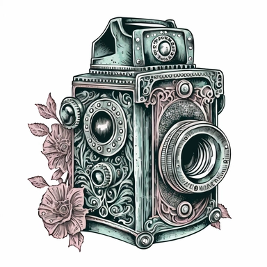 analytic drawing , ornamental watercolor, clipart, vintage rolleiflex camera, white background, no background,