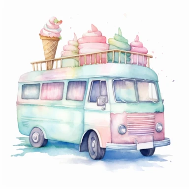 Watercolor Ice Cream truck Clipart, pastel pink pastel green pastel blue colors, dreamy style