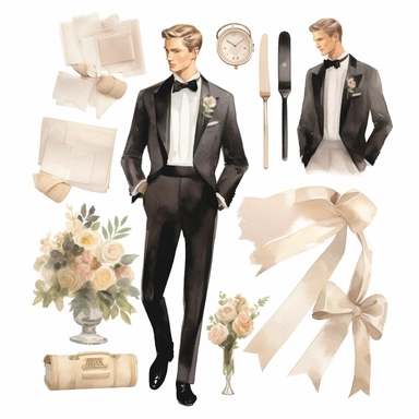 wedding watercolor graphics, subtle neutral pastel tones, sparklecore, embossed paper, Create a dashing wedding clipart featuring sleek and polished groom's tuxedo, exuding a sense of style and refinement, completing the groom's ensemble for a truly memorable wedding celebration, candid, multi-layered