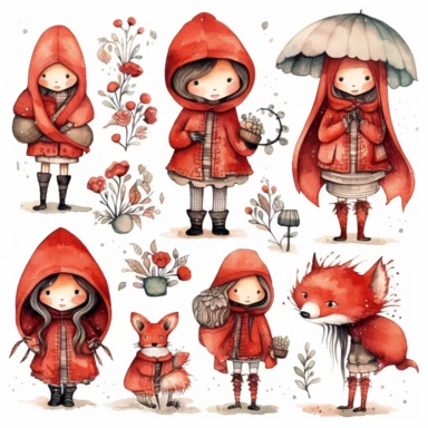 red riding hood clipart, vector art, clip art, clipart, in the style of claudia tremblay, birds& flowers, kawaii manga, realistic watercolors, dark white and light orange, eleanor fortescue - brickdale, isolated figures