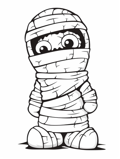 halloween mummy coloring book for kids, cartoon character, clipart, black and white, white background