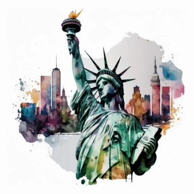 A graphic of a Statue of Liberty with the New York City skyline in the background , Watercolor, Clipart, transparent background PNG