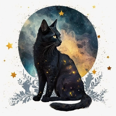 a sitting skinny pagan black cat in front of big starry sky portret, clipart, moon, watercolors, white background, stars, planets, galaxy, magical, ornaments, little golden stars, full body, pictorial space, sparky, golden glitter, oraneg eyes, use Cool Color Palette