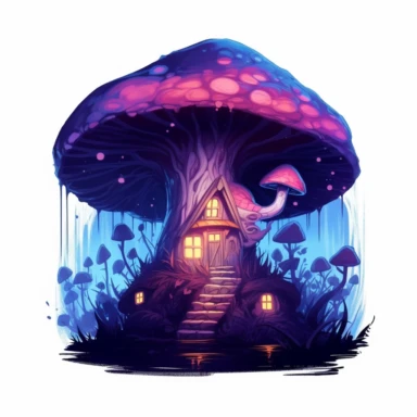Clipart with white background of a Mushroom Fairy House illuminated by colorful lights at night. Create an illustration that captures the enchanted atmosphere of this nighttime scene, making the colors and lights bright and inviting