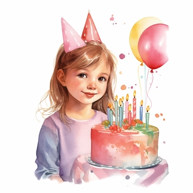 watercolor of a birthday child girl isolated on a white background, detailed ,realistic ,rtx on,textural richness,colorful imagery,digital illustration, clipart,