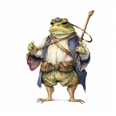 watercolor fairytale frog clipart, where intricate details and the depiction of a typical medieval plebeian's outfit bring this whimsical creature to life, creating a captivating portrayal that sparks the imagination, 8k, fantasy style, white background