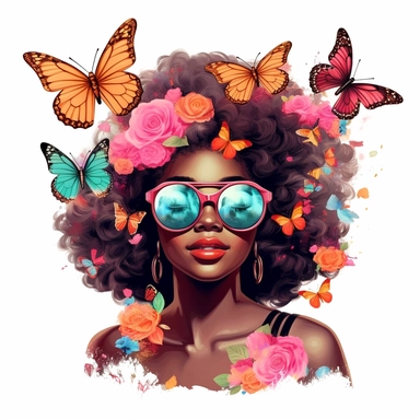 beautiful and chic African woman clipart, Independence Day, Black Girl Magic, Black Queen, with beautiful butterflies, and flowers, wearing beautiful sunglasses, 8k,v5