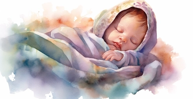 Adorable new baby wrapped up in soft fleece blanket, intricate, full body lying down, soft pastel colors, watercolour clipart, I can't believe how beautiful this is