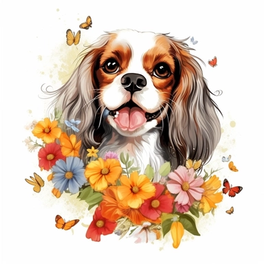waterkolom funny happy smiling Cavalier King Charles Spaniel with small flowers, deatail design, clipart, white background