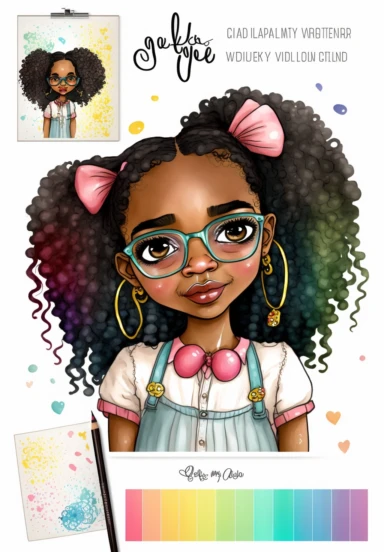 2d watercolor clipart kawaii, spring, april, character of beautiful african american woman, Intricately rendered dark Skinned woman, full body portrait, intricately rendered, 8k, long thick curls brown hair, bubbles in hair, sparkles, generously detailed, hyper realistic, digital, long rainbow eye lashes, beautiful retro comic urban chick, asymmetrical, books, nerdy, glasses, 8k,