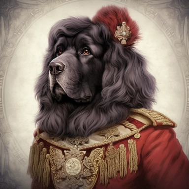 Majestic Newfoundland adorned in an exquisite Victorian-inspired coat, emanating elegance and grace against the pristine white backdrop. Its expressive eyes and gentle demeanor make for a visually stunning Victorian-themed portrait. Clipart, watercolor, white background, intricate detail, unreal engine cinematic smooth. Realistic rendering