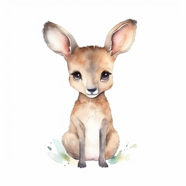 an adorable baby kangaroo with kind eyes clipart with watercolor illustration,full body shot,8k,etsy style, white background