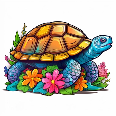 Vector Graphics turtle clipart Example: Midjourney image of a vector graphics turtle and flowers clipart with a white background sticker