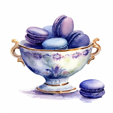 watercolor french macaroons in a beautiful china bowl clipart on white background