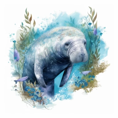 hand drawn Florida manatee, in crystal blue water, underwater with plants, very detailed and realistic, watercolor, white background with margins, clipart style