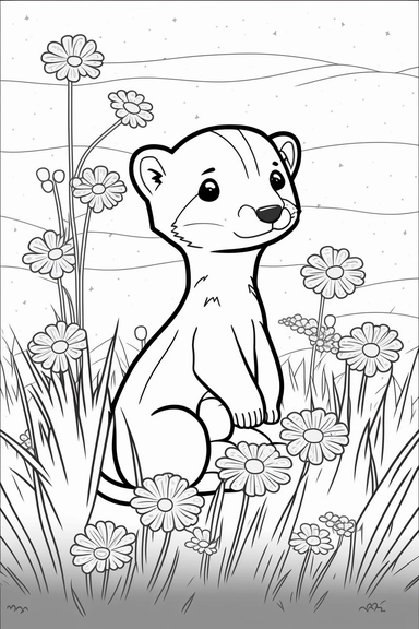 a happy ferret in grasslands, black and white clipart for a kids coloring page, simple and clean, thin line art, accurate features, proportionally sized, illustration style,