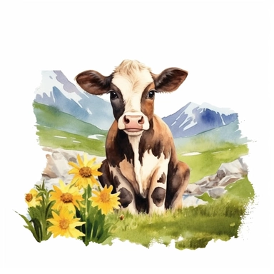 realistic watercolor baby cow sitting on the green grass with flowers with a nice mountain hill background on solid white background, clipart