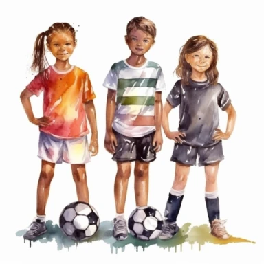 soccer kids with modern soccer and black jersey set, style of detailed watercolor clipart