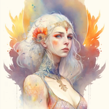 watercolor hyper realistic beautiful young girl with snowy white hair, symbolizing the rebirth of a phoenix rising from the ashes, while the woman's pose and appearance evoke a sense of renewal and new beginnings. The girl is dressed in playful and imaginative Egyptian Pharaoh - inspired couture fashion. Bold and colorful patterns featuring Celestial Filigree, Geode Crystalline, Asymmetrical Splice, Bio - Luminescent Bloom, Origamic Tessellation, and other hieroglyph - inspired designs. clipart 