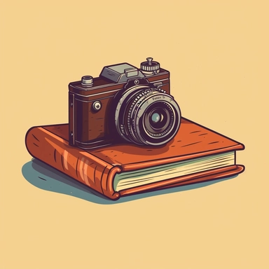 panorama camera and history book in clipart style, flat, simple, warm colors