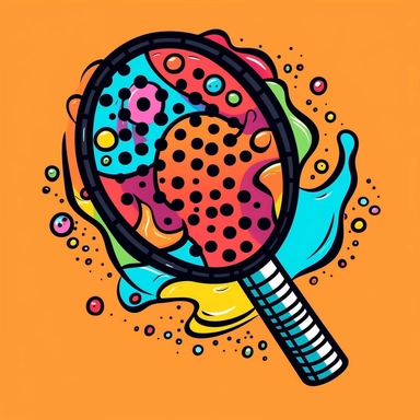 Picture an illustrated clip art of a lively pickleball racket, splashing out a series of vibrant colors from its net, expressing the energetic spirit of the sport. The design should have a cartoonish, playful vibe and a thick black outline for definition. –ar 1:1 –v 5.1 –style raw